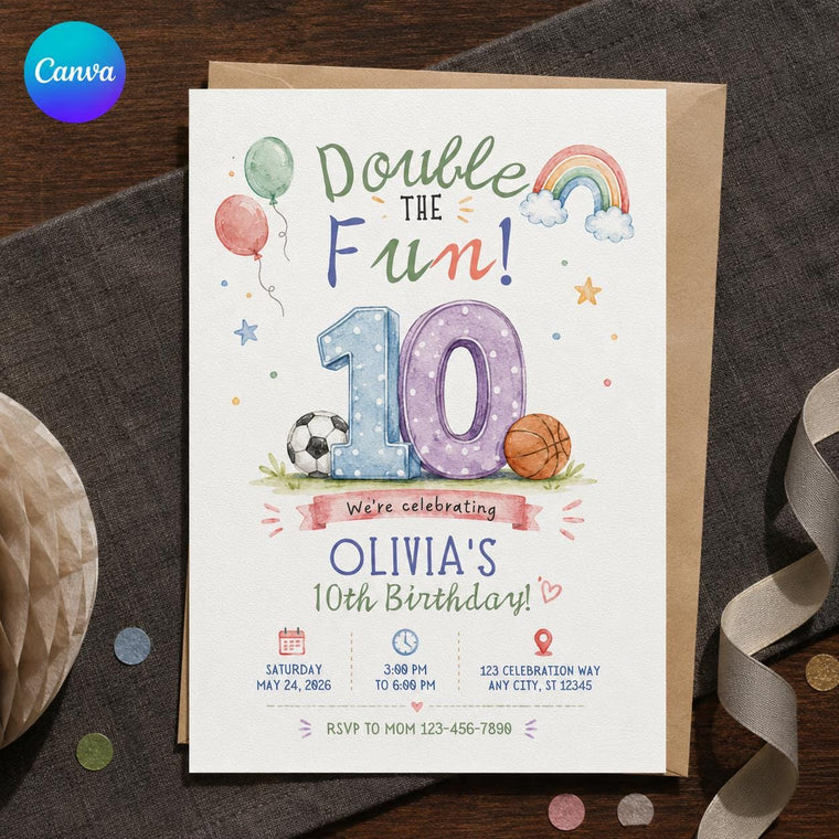 Watercolor Double Digits 10th Birthday Invitation for Girls