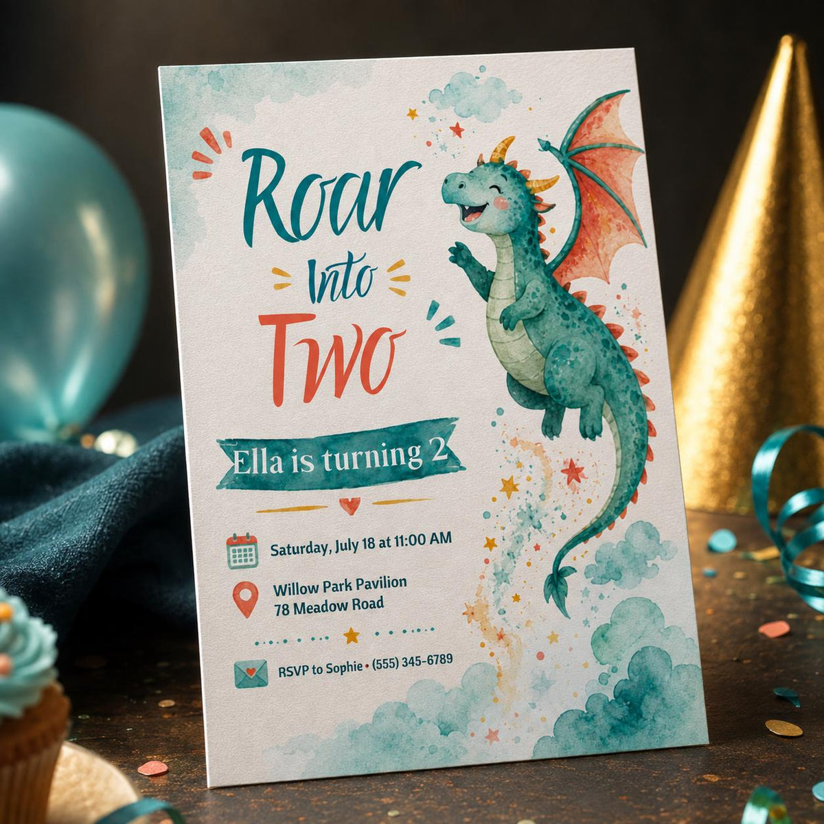 Watercolor Dragon 2nd Birthday Invitation — 2nd birthday party stationery by VoltBy