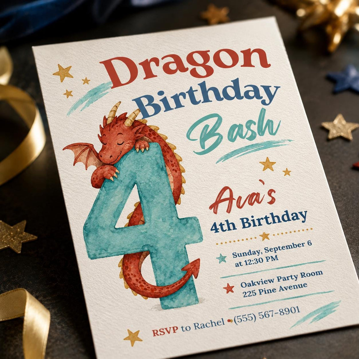 Watercolor Dragon 4th Birthday Invitation: Little Dragon Kids Fantasy — 4th birthday party stationery by VoltBy