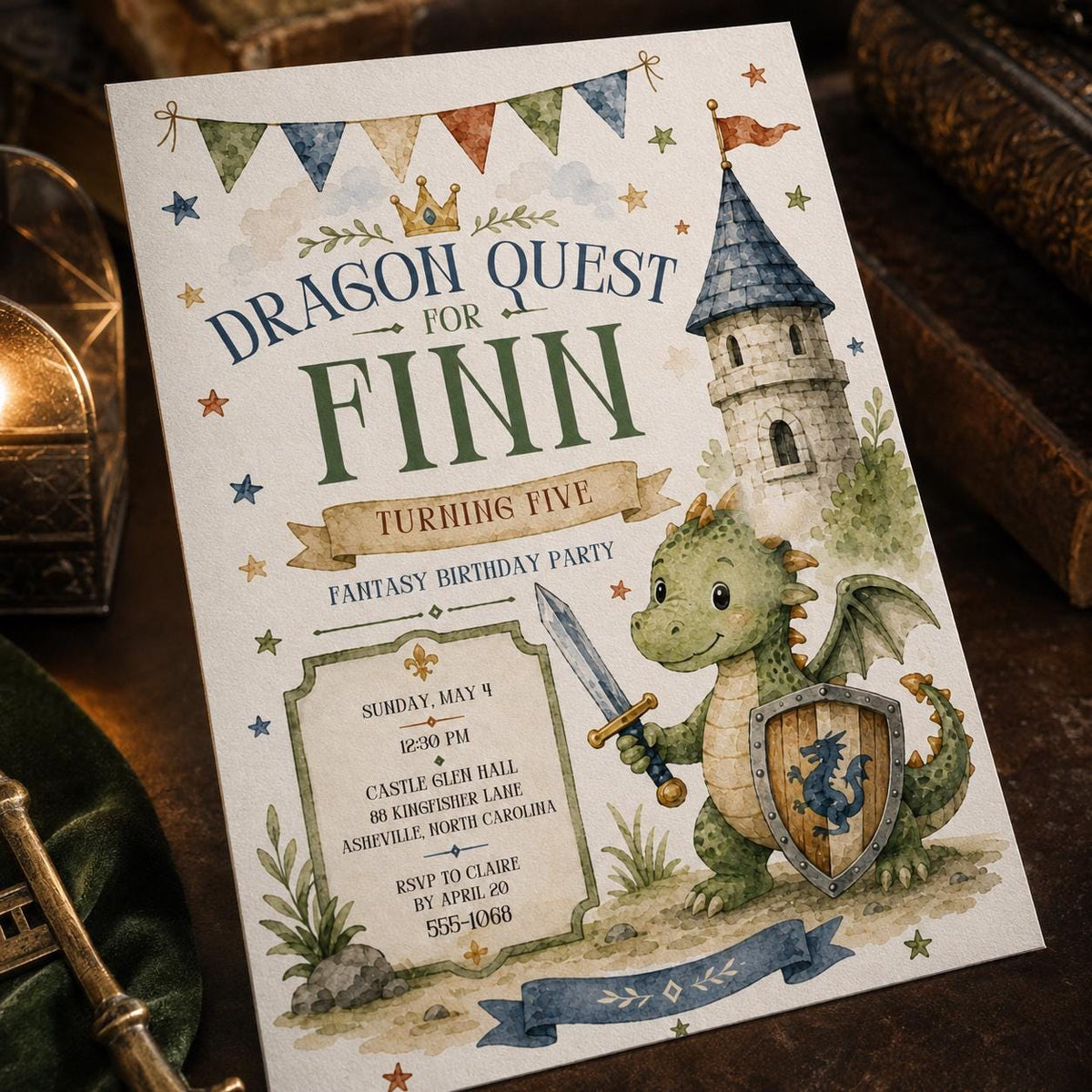 Watercolor Dragon 5th Birthday Invitation for Boys — digital invitation, instant download