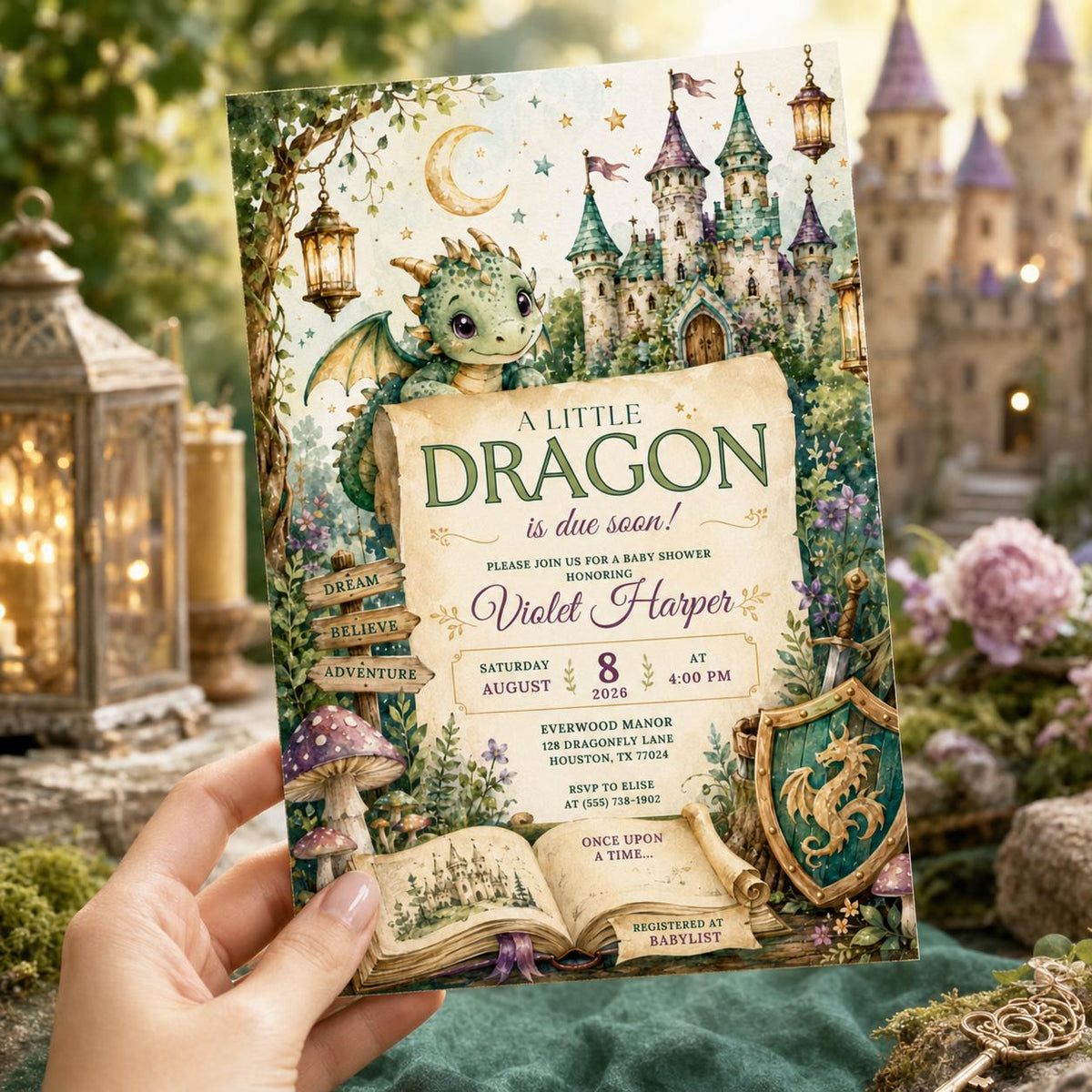 Watercolor Dragon Baby Shower Invitation — digital invitation, instant download