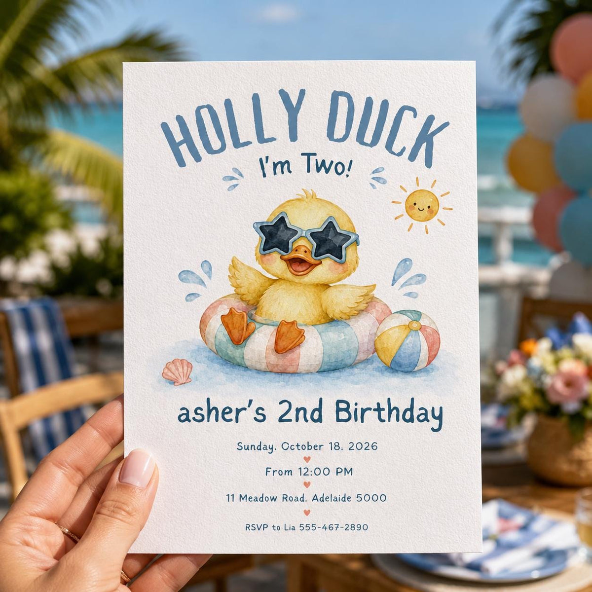 Watercolor Duck 2nd Birthday Invitation — digital invitation, instant download