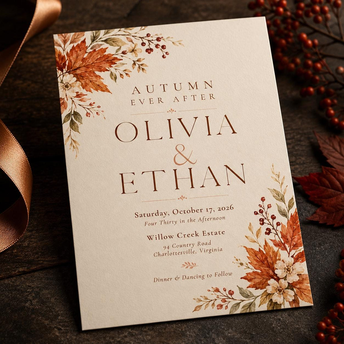Watercolor Elegant Fall Wedding Invitation — digital invitation, instant download