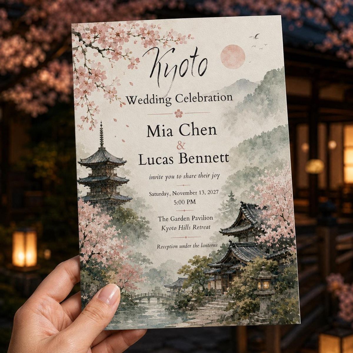 Watercolor Elegant Japanese Wedding Invitation — digital invitation, instant download