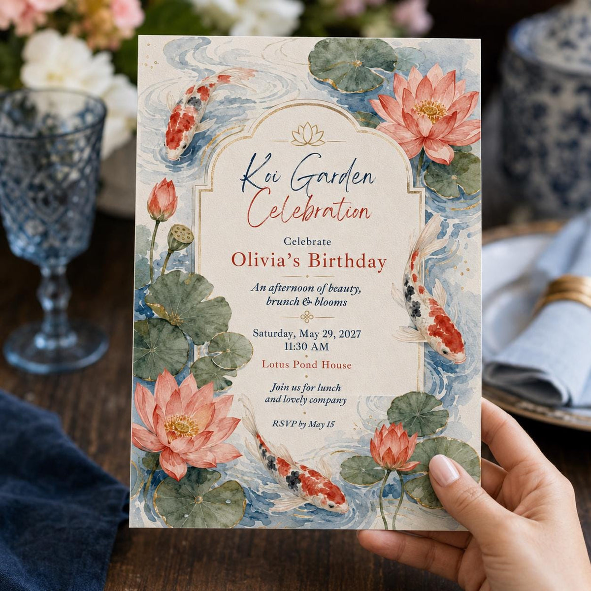 Watercolor Elegant Koi Fish Birthday Invitation — digital invitation, instant download