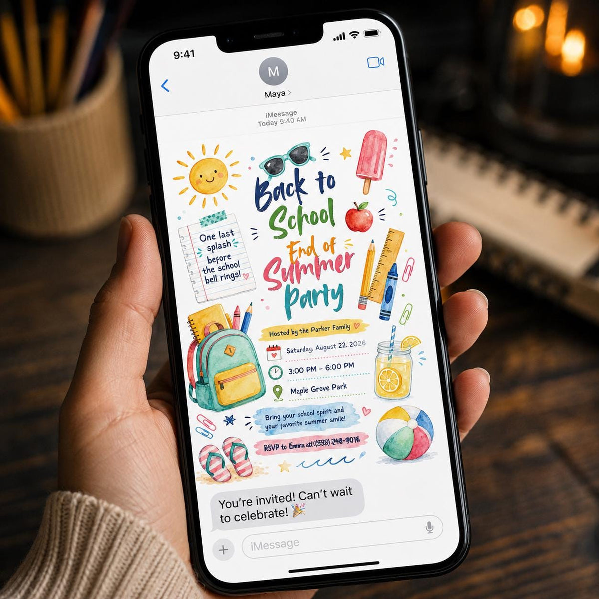 Watercolor End of Summer Back to School Party Invitation — digital invitation, instant download
