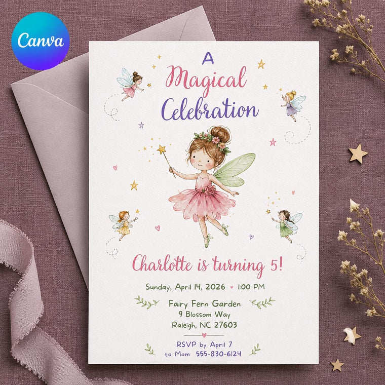 Watercolor Fairy 5th Birthday Invitation for Girls