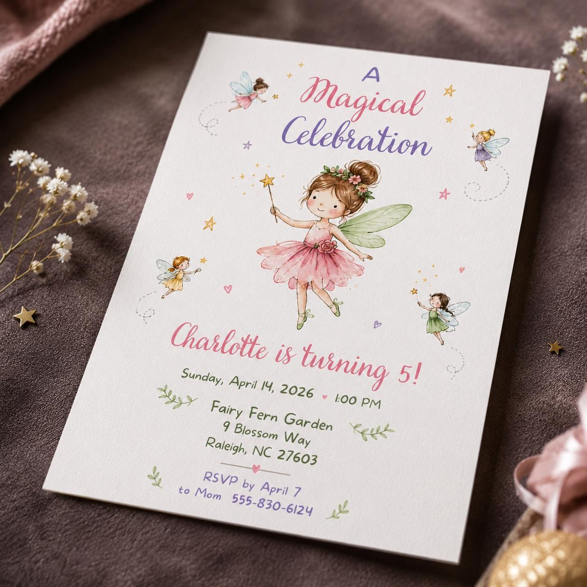 Watercolor Fairy 5th Birthday Invitation for Girls — digital invitation, instant download
