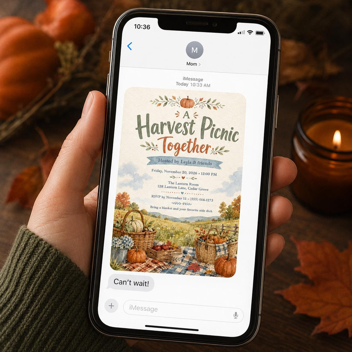 Watercolor Fall Picnic Invitation — digital invitation, instant download