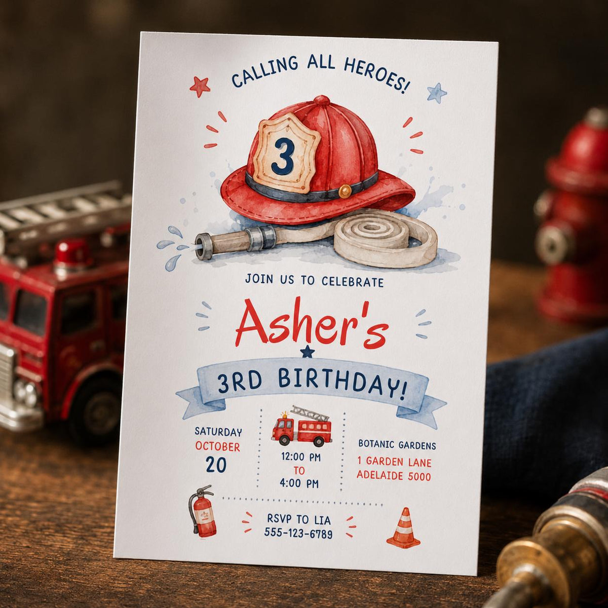 Watercolor Firefighter 3rd Birthday Invitation — digital invitation, instant download