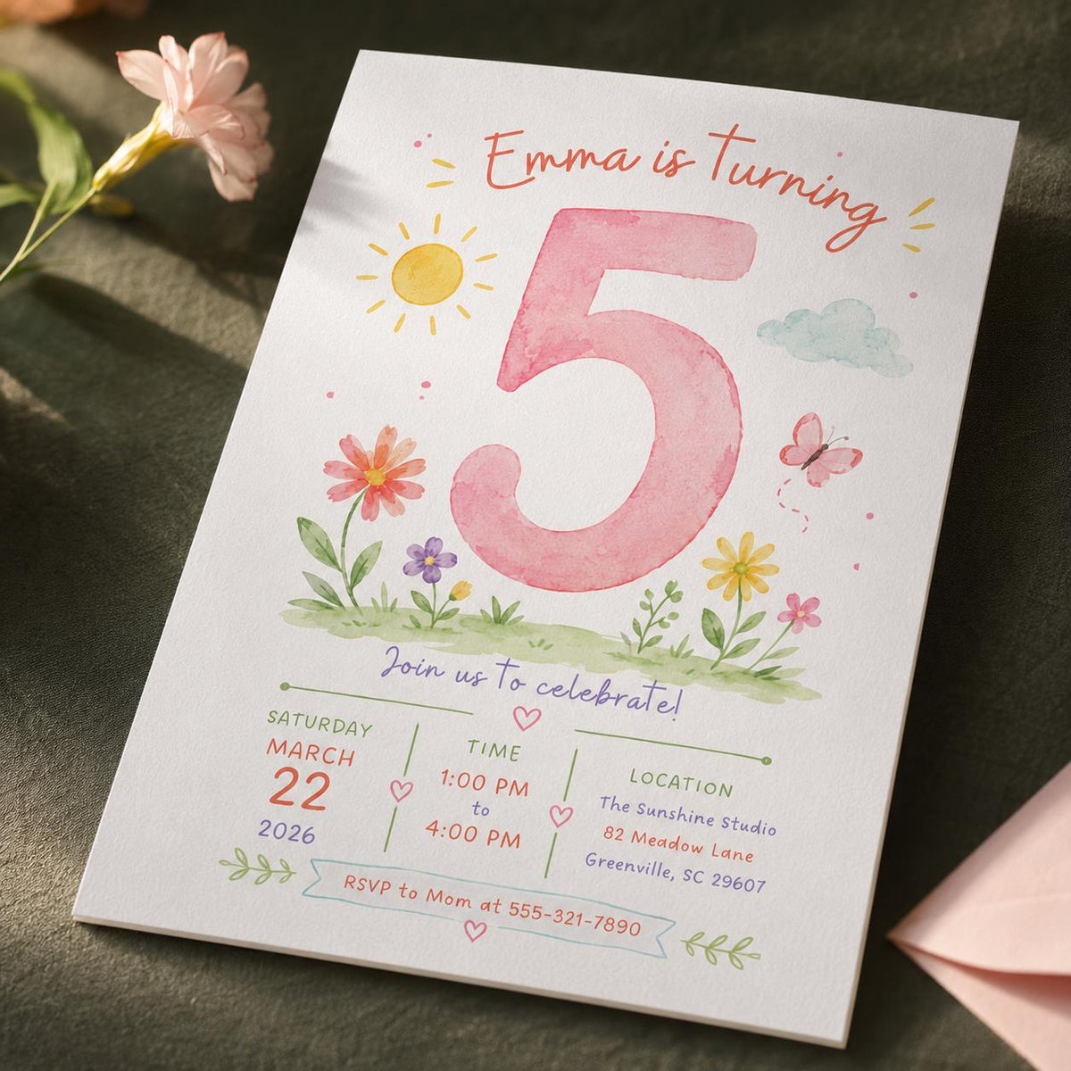 Watercolor Floral 5th Birthday Girl Invitation — digital invitation, instant download