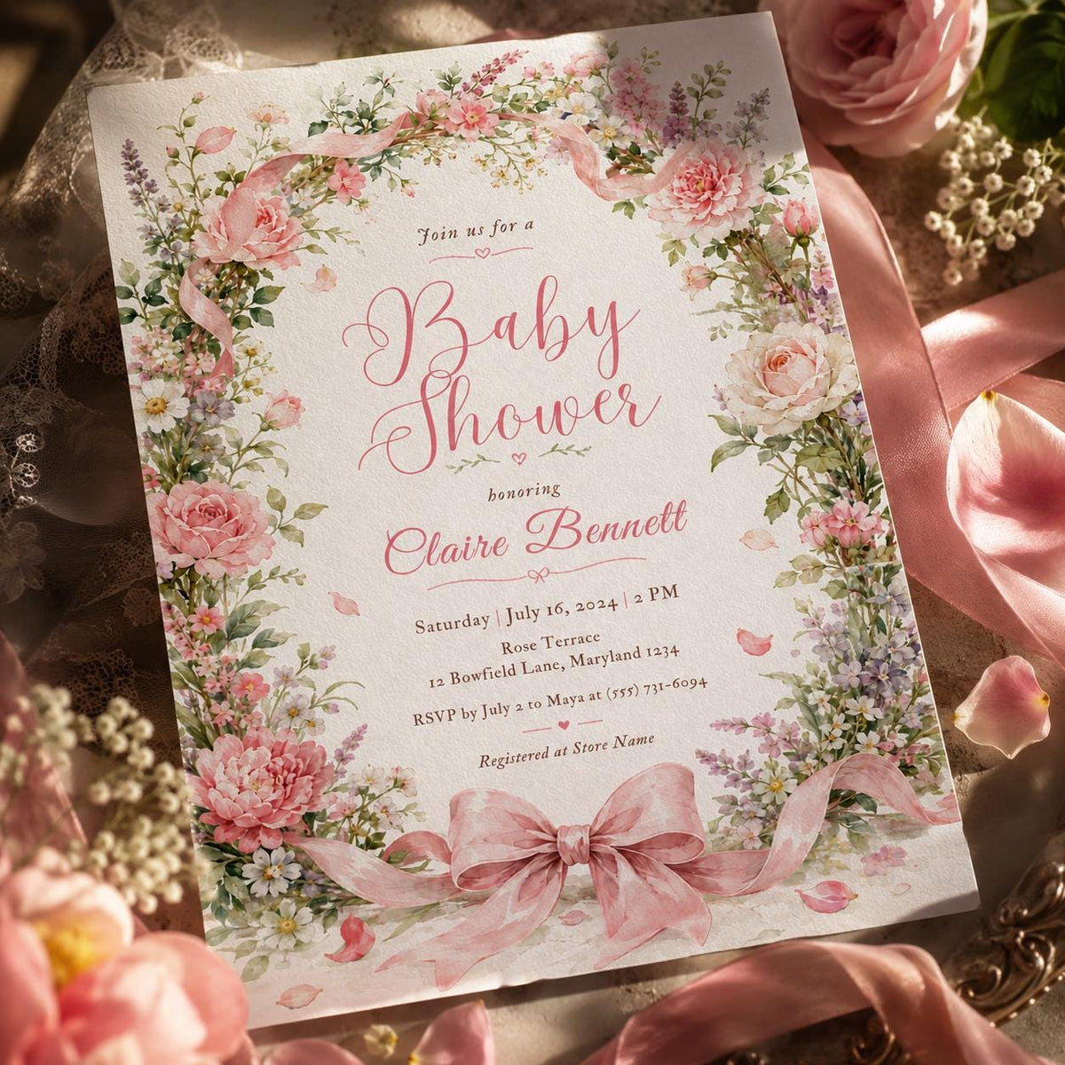 Watercolor Floral Baby Shower Invitation — digital invitation, instant download