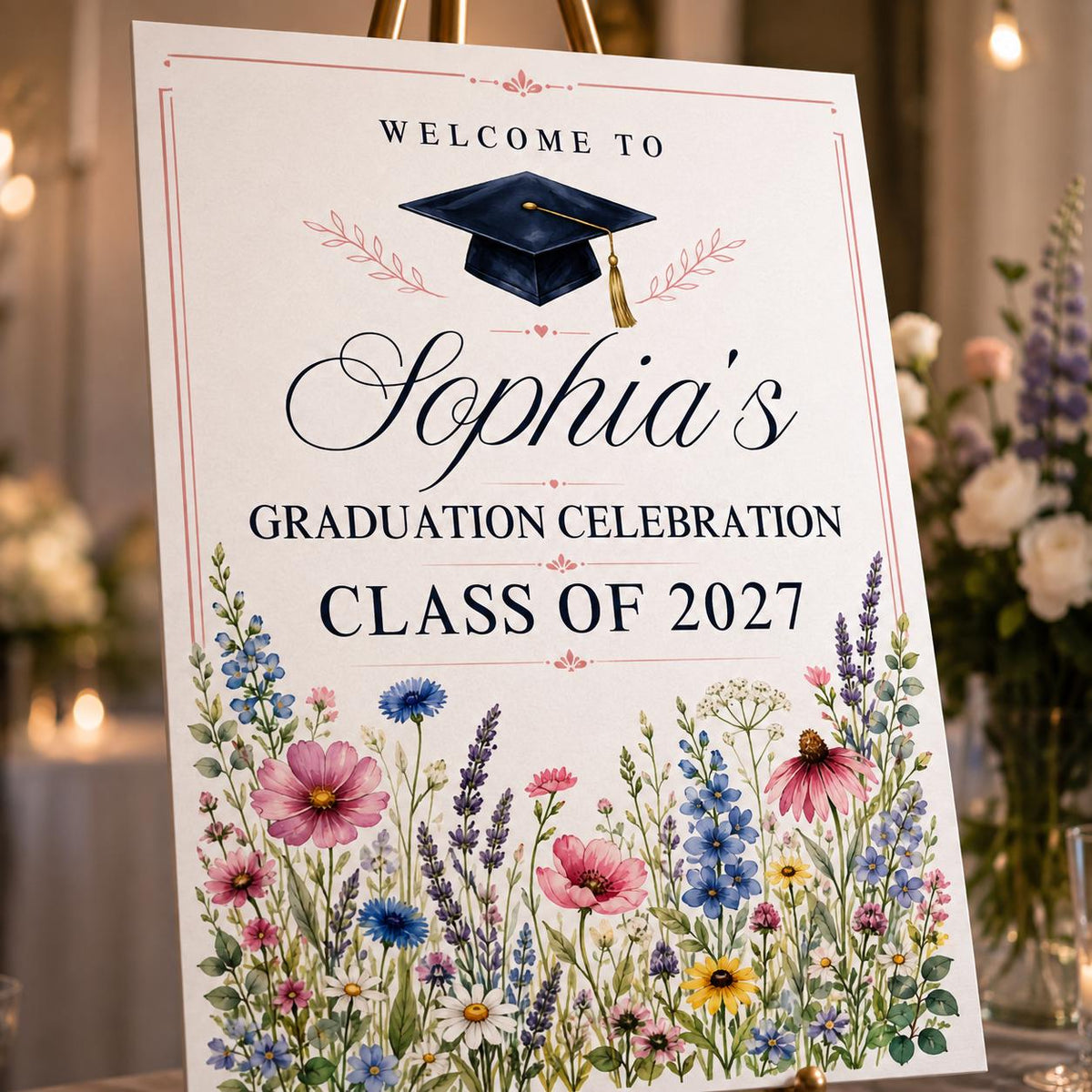 Watercolor Floral Graduation Welcome Sign — digital welcome sign, instant download