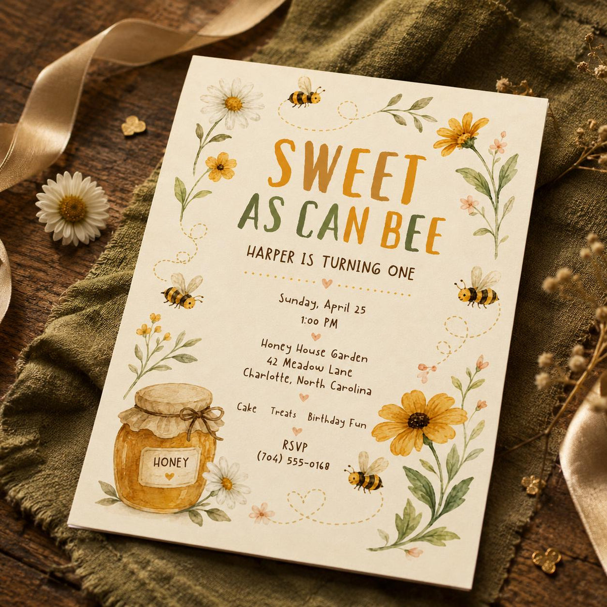 Watercolor Floral Sweet as Can Bee First Birthday Invitation for Girls — first birthday stationery by VoltBy