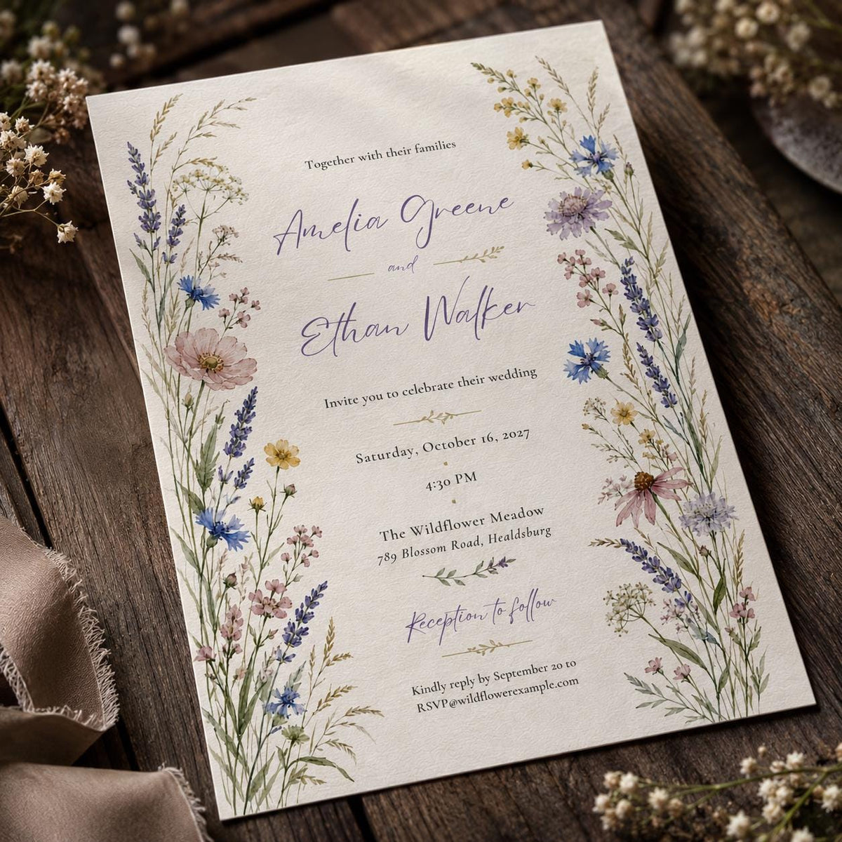 Watercolor Floral Wildflower Wedding Invitation — digital invitation, instant download