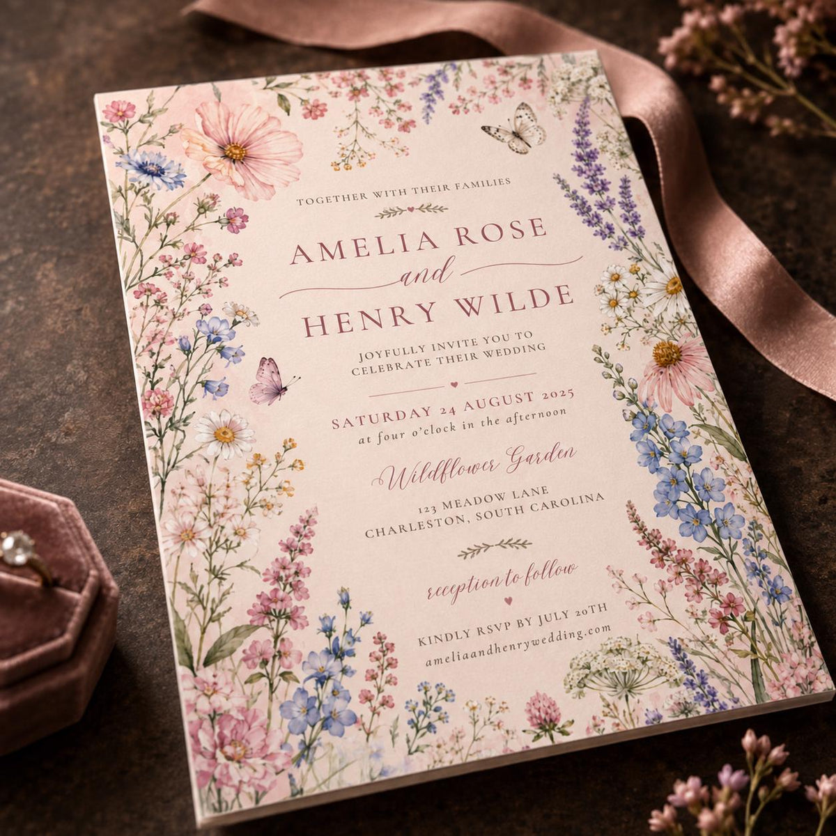 Watercolor Floral Wildflower Wedding Invitation: Romantic Garden Floral Butterfly — digital invitation, instant download