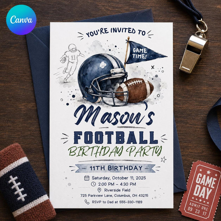 Watercolor Football 11th Birthday Invitation for Boys