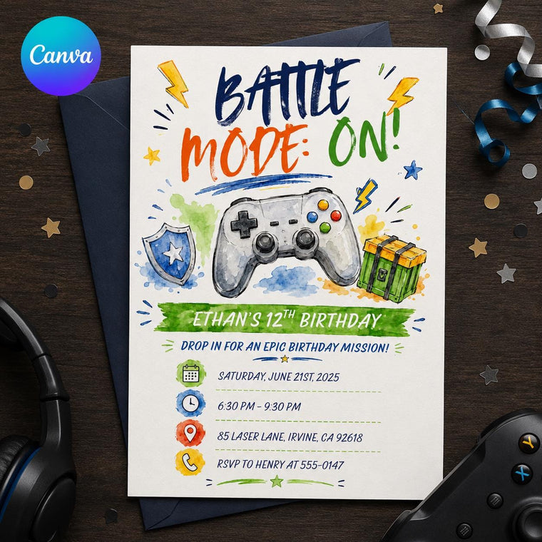 Watercolor Gamer 12th Birthday Invitation for Boys