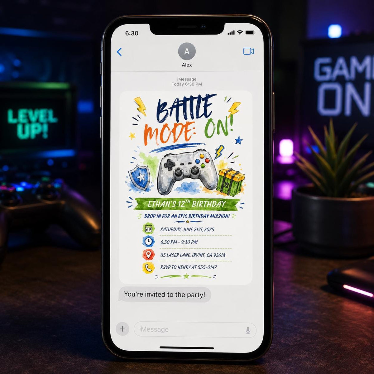 Watercolor Gamer 12th Birthday Invitation for Boys — digital invitation, instant download