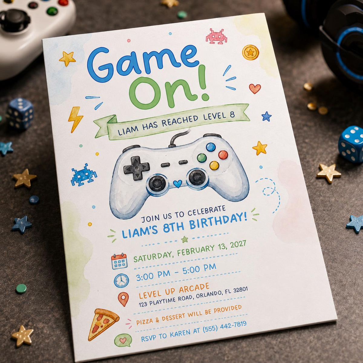 Watercolor Gaming 8th Birthday Invitation — 8th birthday party stationery by VoltBy