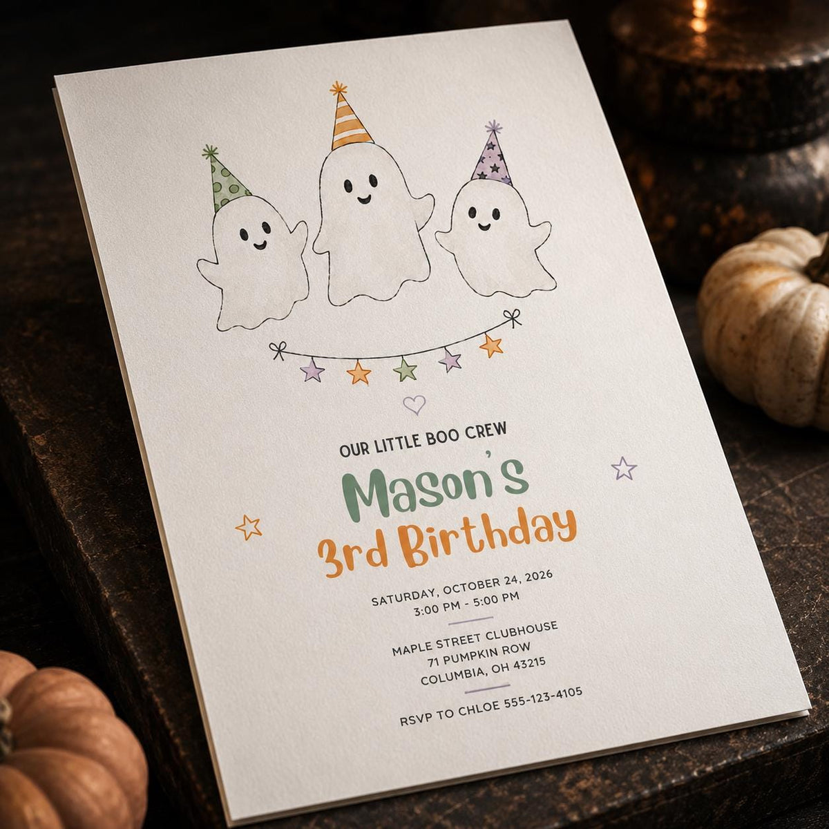 Watercolor Ghost 3rd Birthday Invitation — 3rd birthday party stationery by VoltBy