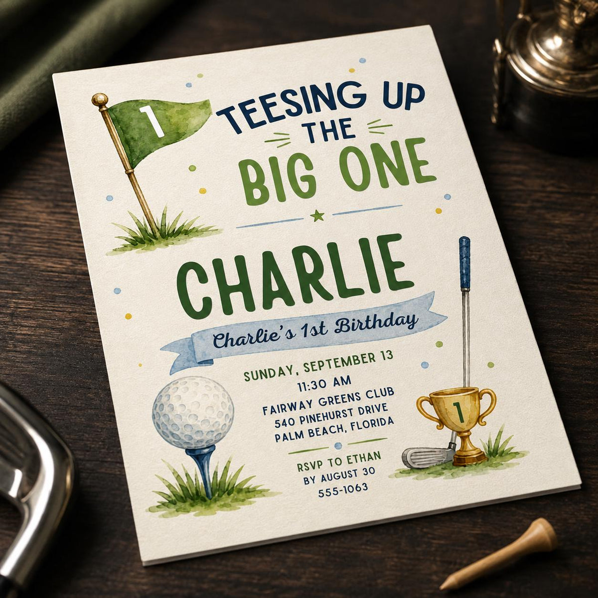 Watercolor Golf First Birthday Invitation — first birthday stationery by VoltBy