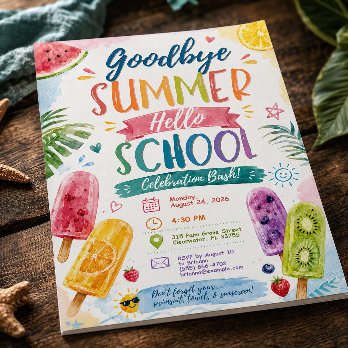 Watercolor Goodbye Summer — leaf and tropical artwork in blue and green
