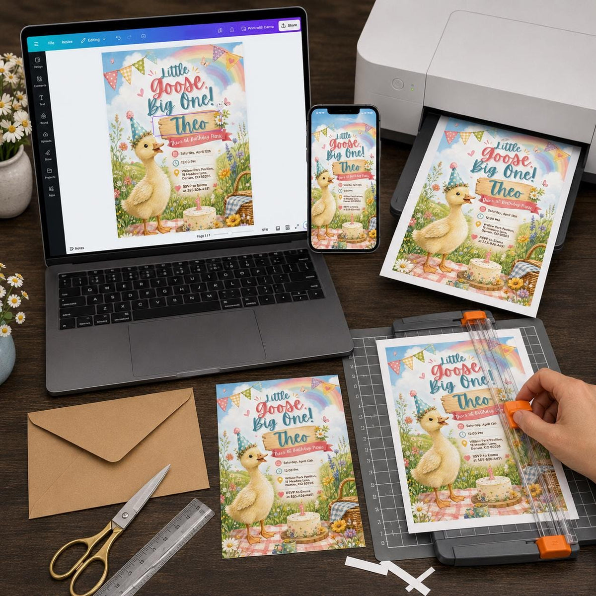 Watercolor Goose First Birthday Invitation for Girls — digital invitation, instant download