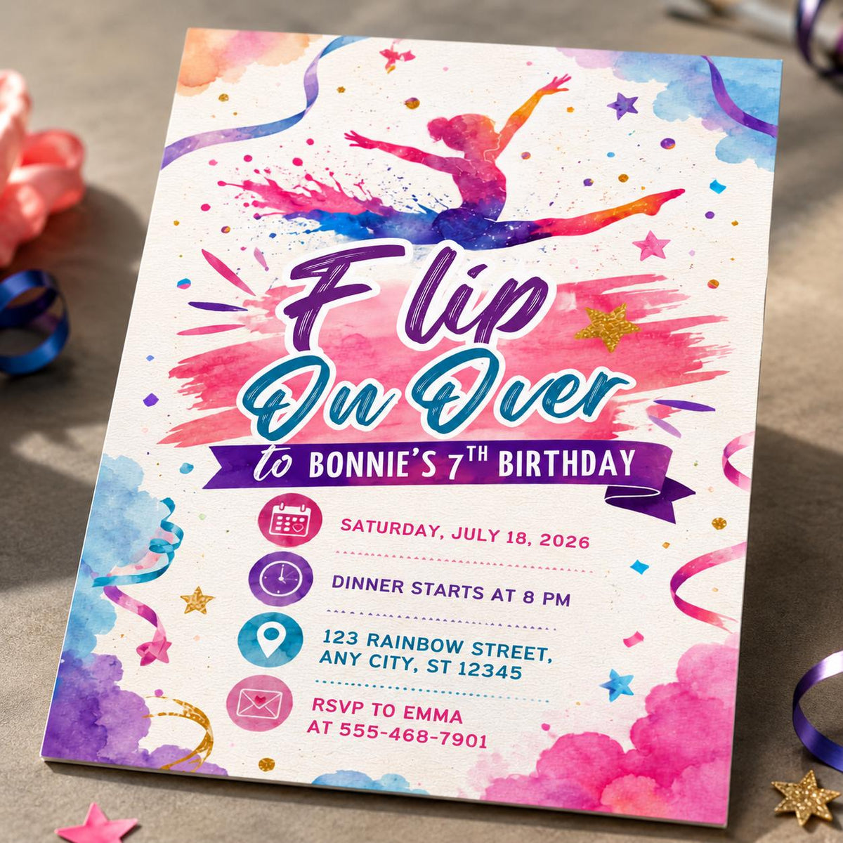 Watercolor Gymnastics 7th Birthday Invitation for Girls — digital invitation, instant download