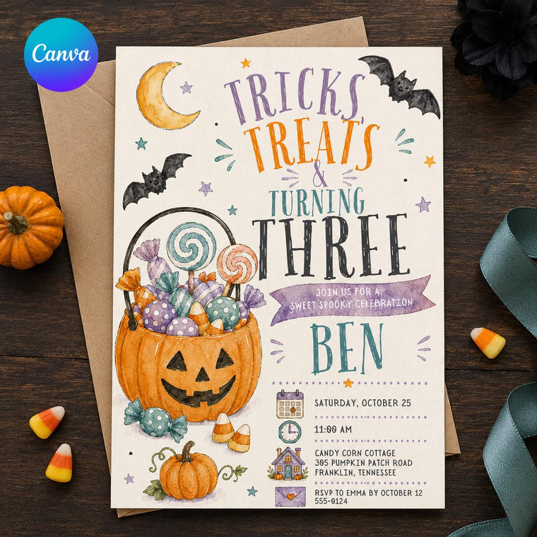 Watercolor Halloween 3rd Birthday Invitation