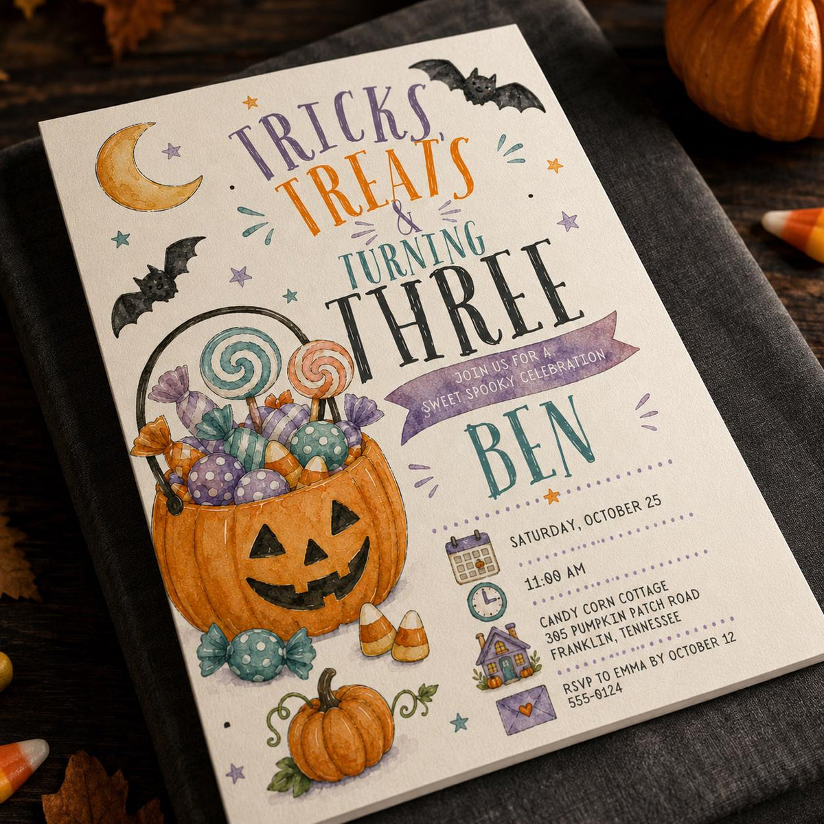 Watercolor Halloween 3rd Birthday Invitation — 3rd birthday party stationery by VoltBy