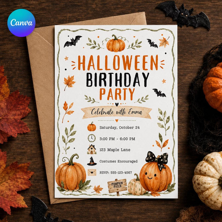 Watercolor Halloween Birthday Invitation: Pumpkin Patch Costume Party