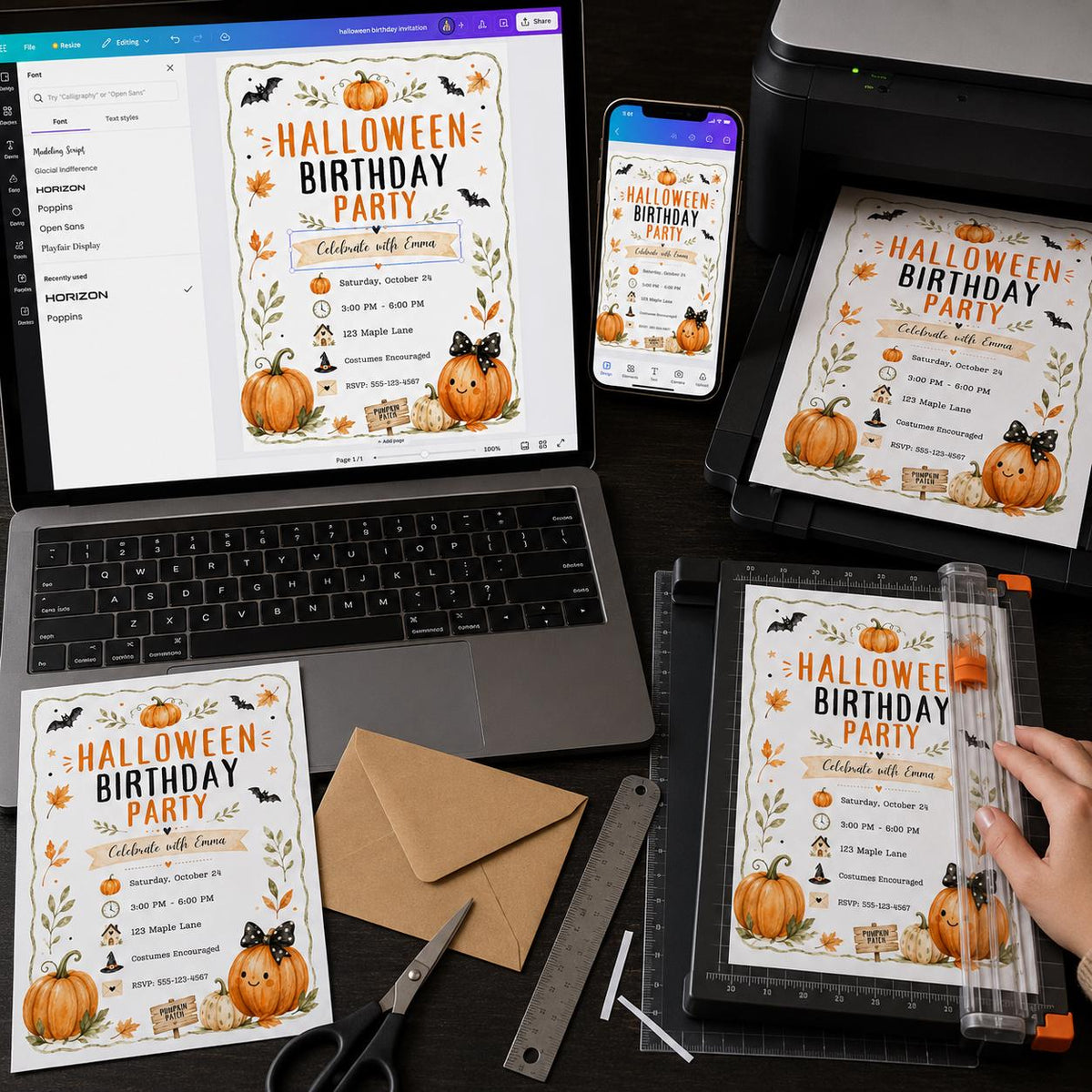 Watercolor Halloween Birthday Invitation: Pumpkin Patch Costume Party — birthday party stationery by VoltBy
