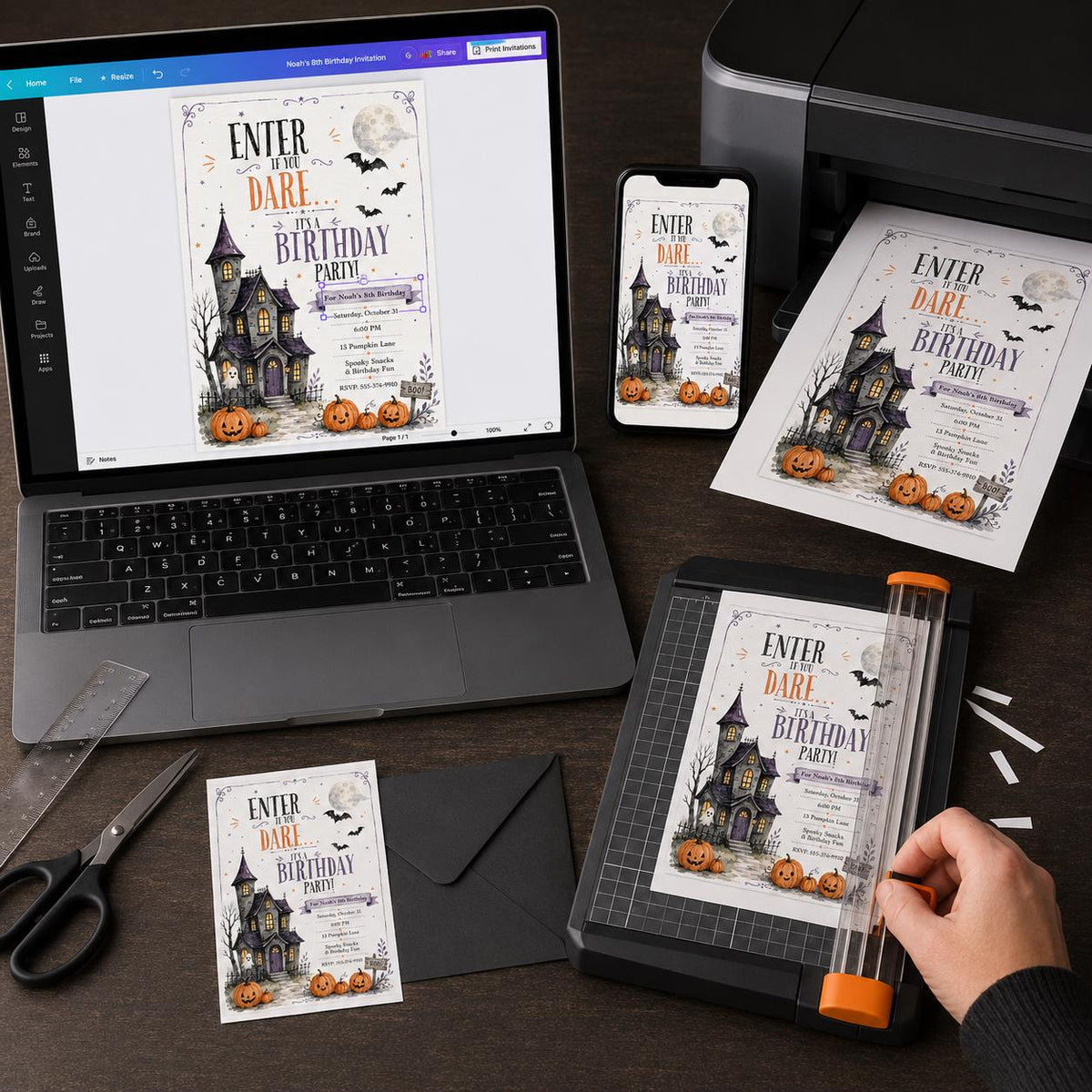 Watercolor Haunted House 8th Birthday Invitation — digital invitation, instant download
