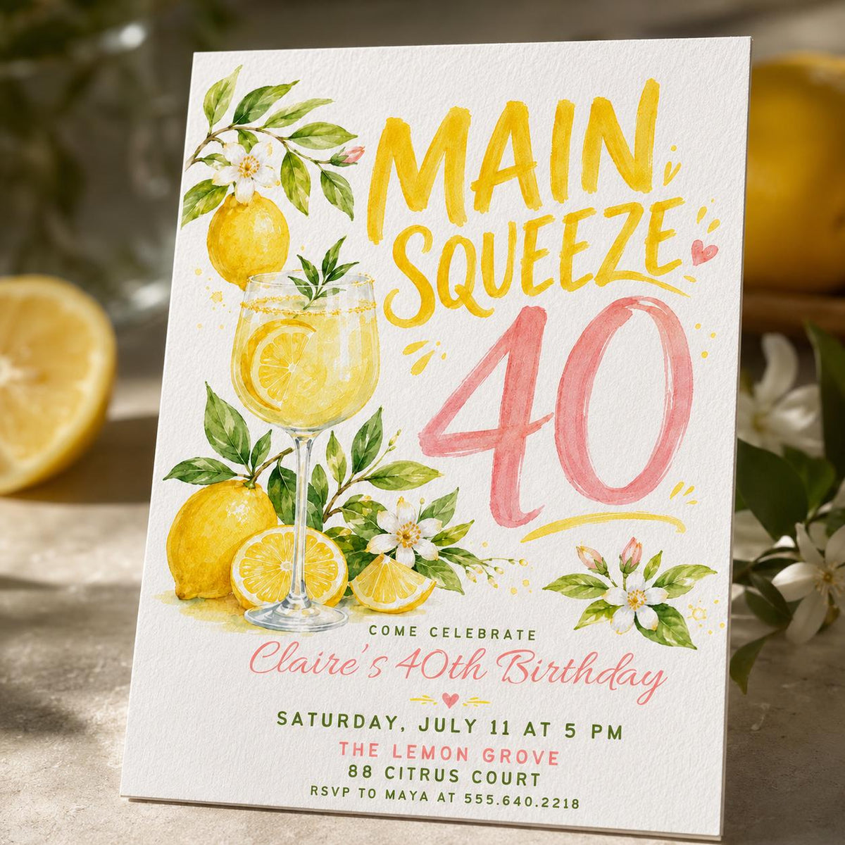 Watercolor Main Squeeze 40th Birthday Invitation — digital invitation, instant download