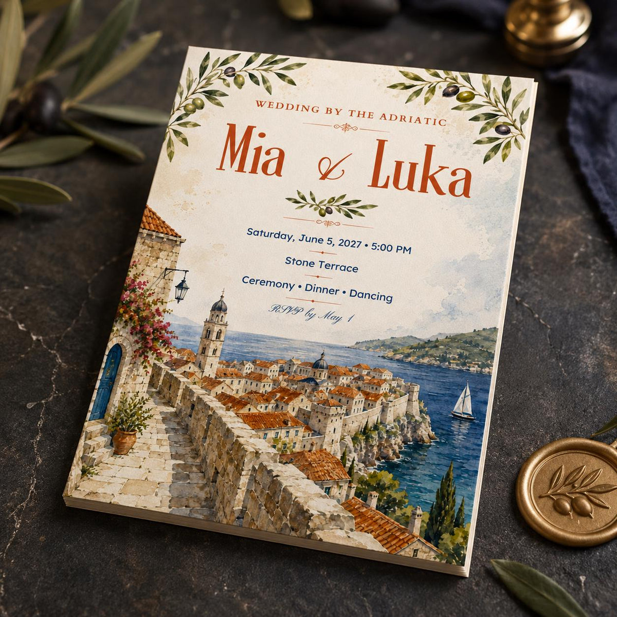 Watercolor Mediterranean Wedding Invitation — digital invitation, instant download
