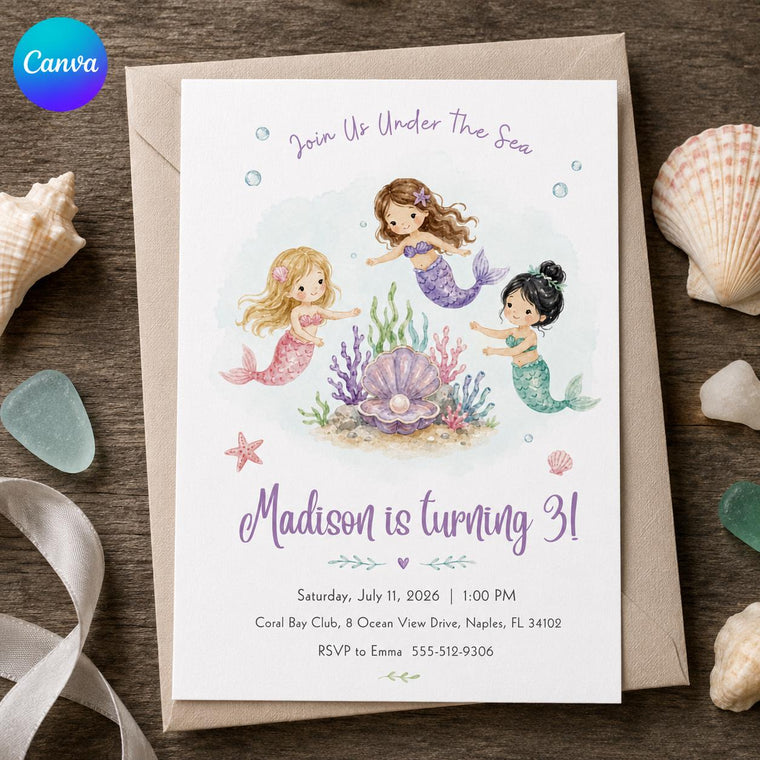 Watercolor Mermaid 3rd Birthday Invitation for Girls