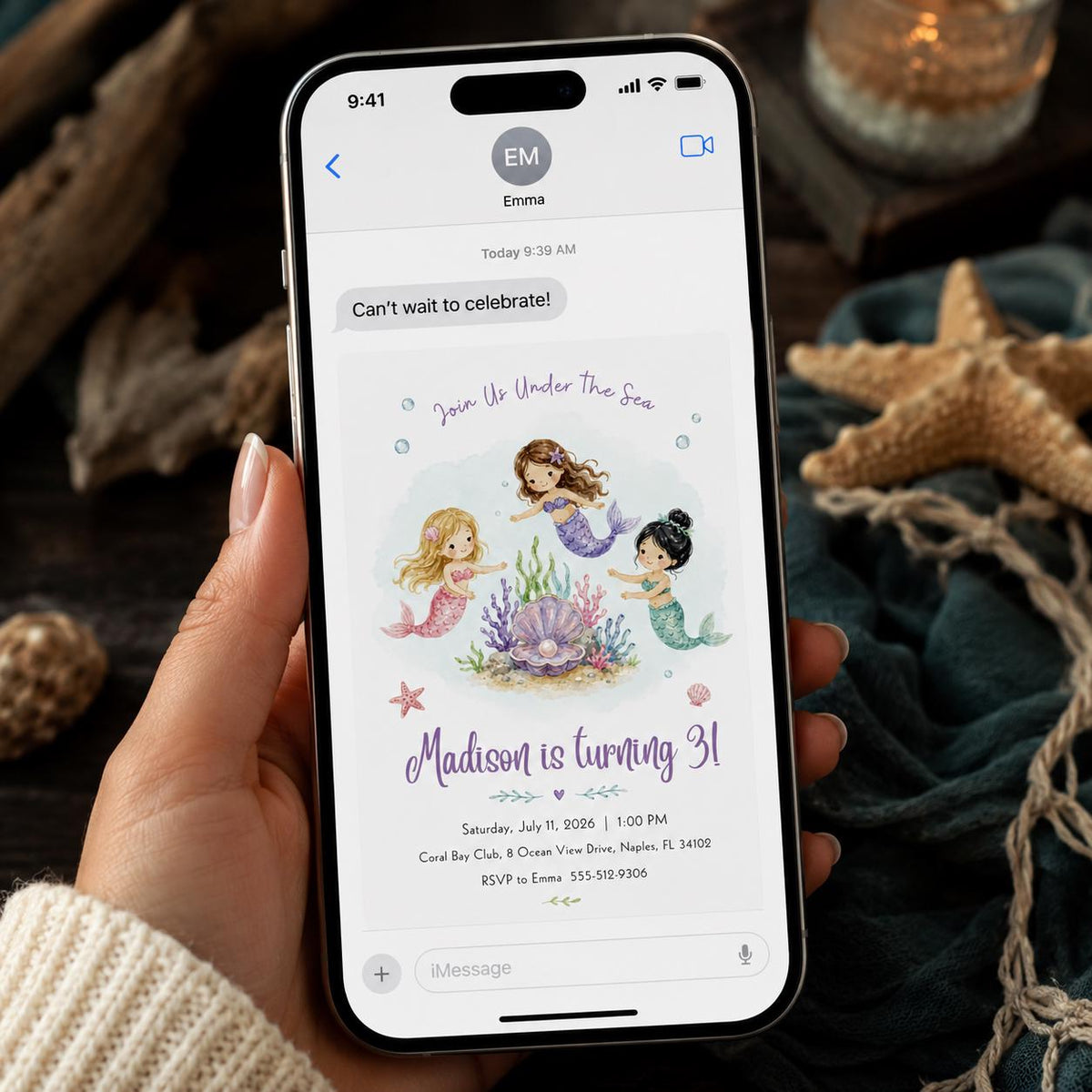 Watercolor Mermaid 3rd Birthday Invitation for Girls — digital invitation, instant download
