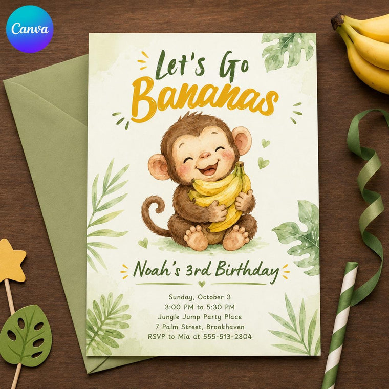Watercolor Monkey 3rd Birthday Invitation