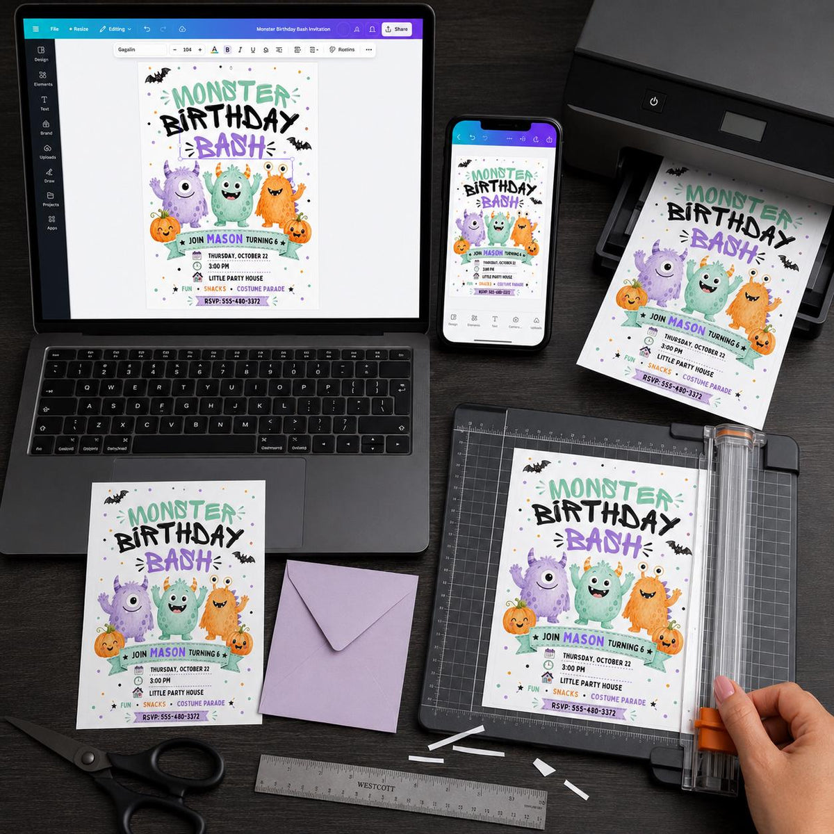 Watercolor Monster Birthday Invitation — birthday party stationery by VoltBy
