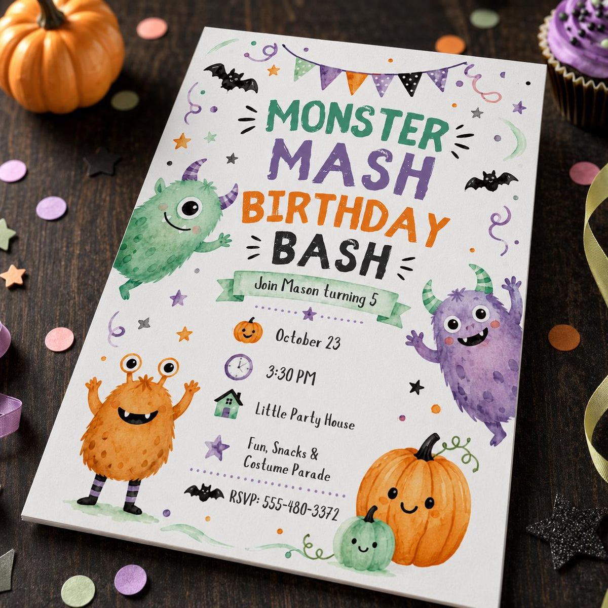 Watercolor Monster Mash Birthday Invitation — birthday party stationery by VoltBy