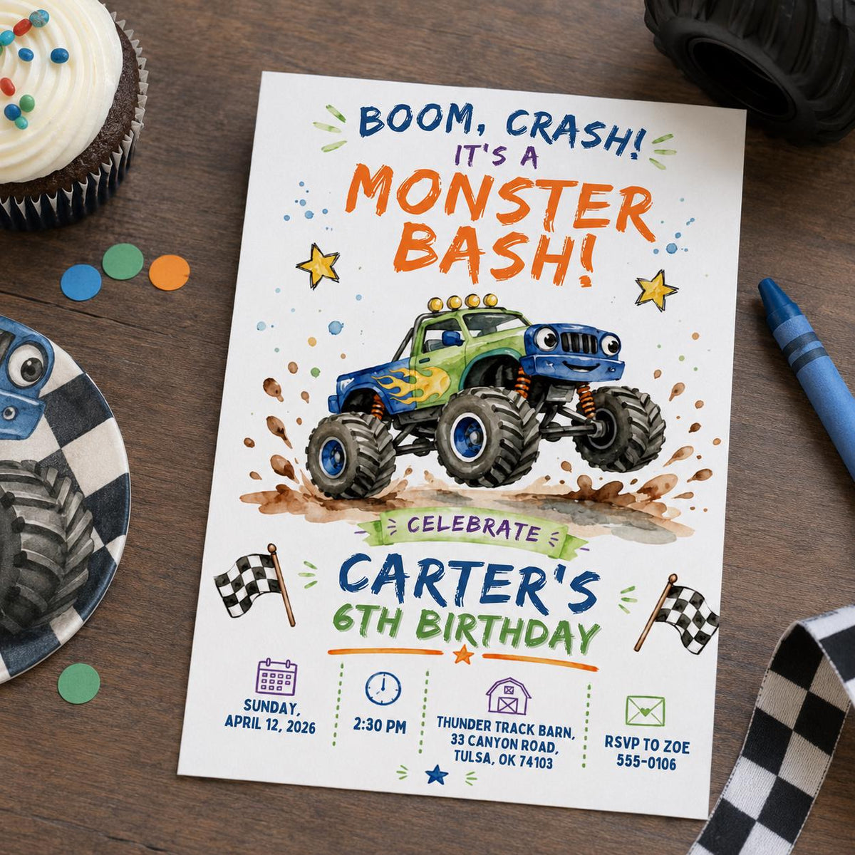 Watercolor Monster Truck Birthday Invitation for Boys — birthday party stationery by VoltBy
