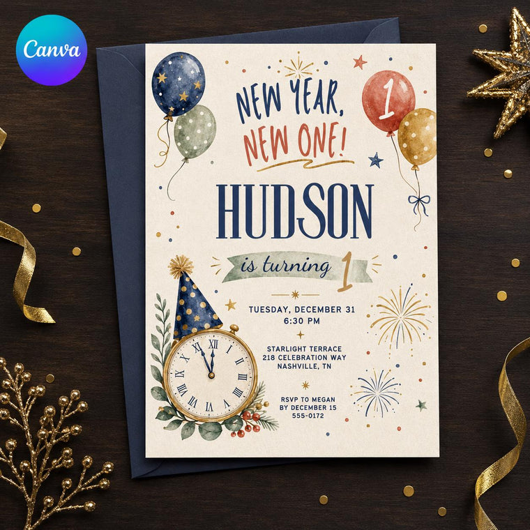 Watercolor New Year 1st Birthday Invitation