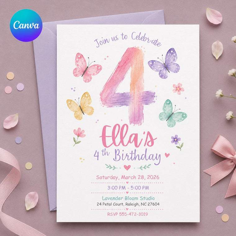 Watercolor Number Four Butterfly Birthday Invitation