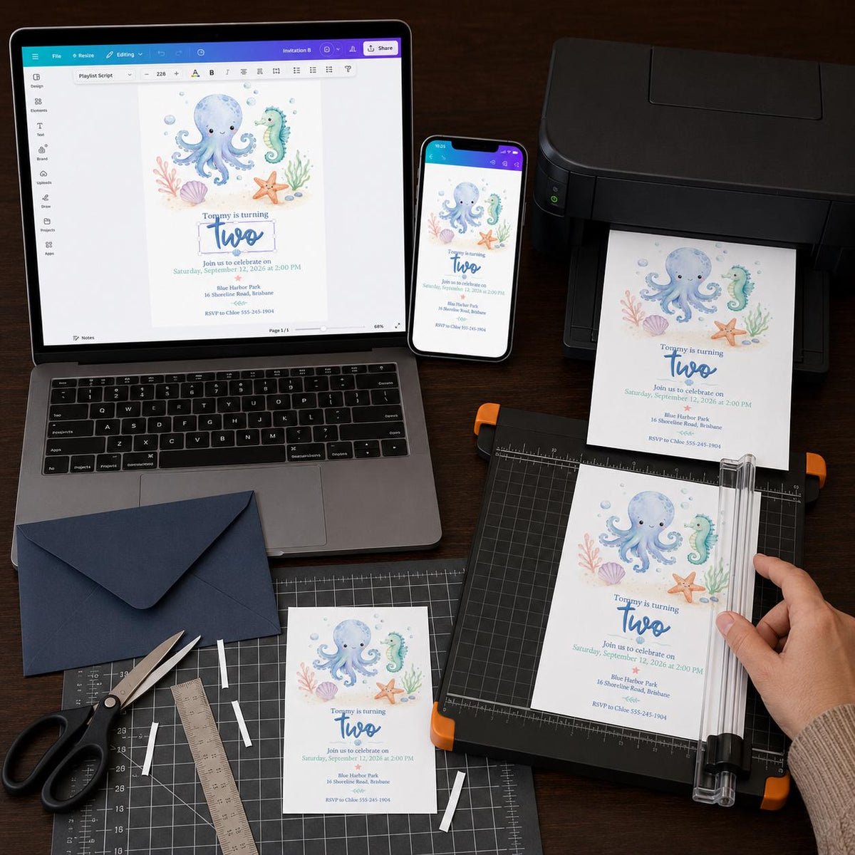 Watercolor Octopus and Seahorse 2nd Birthday Invitation — digital invitation, instant download
