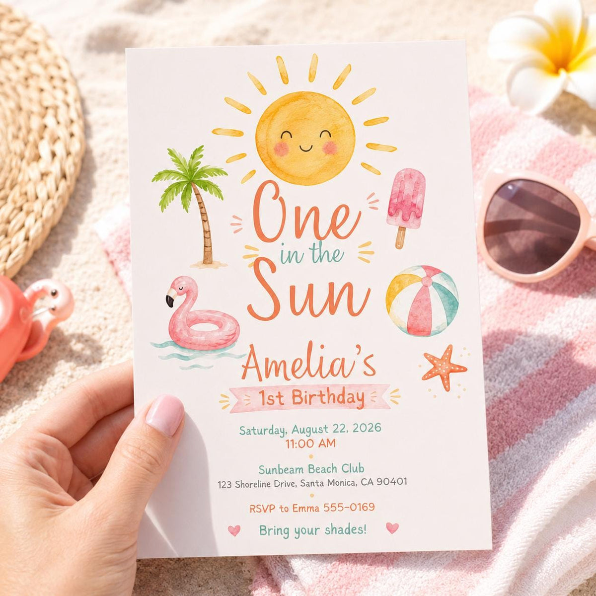 Watercolor One in the Sun 1st Birthday Invitation for Girls — digital invitation, instant download