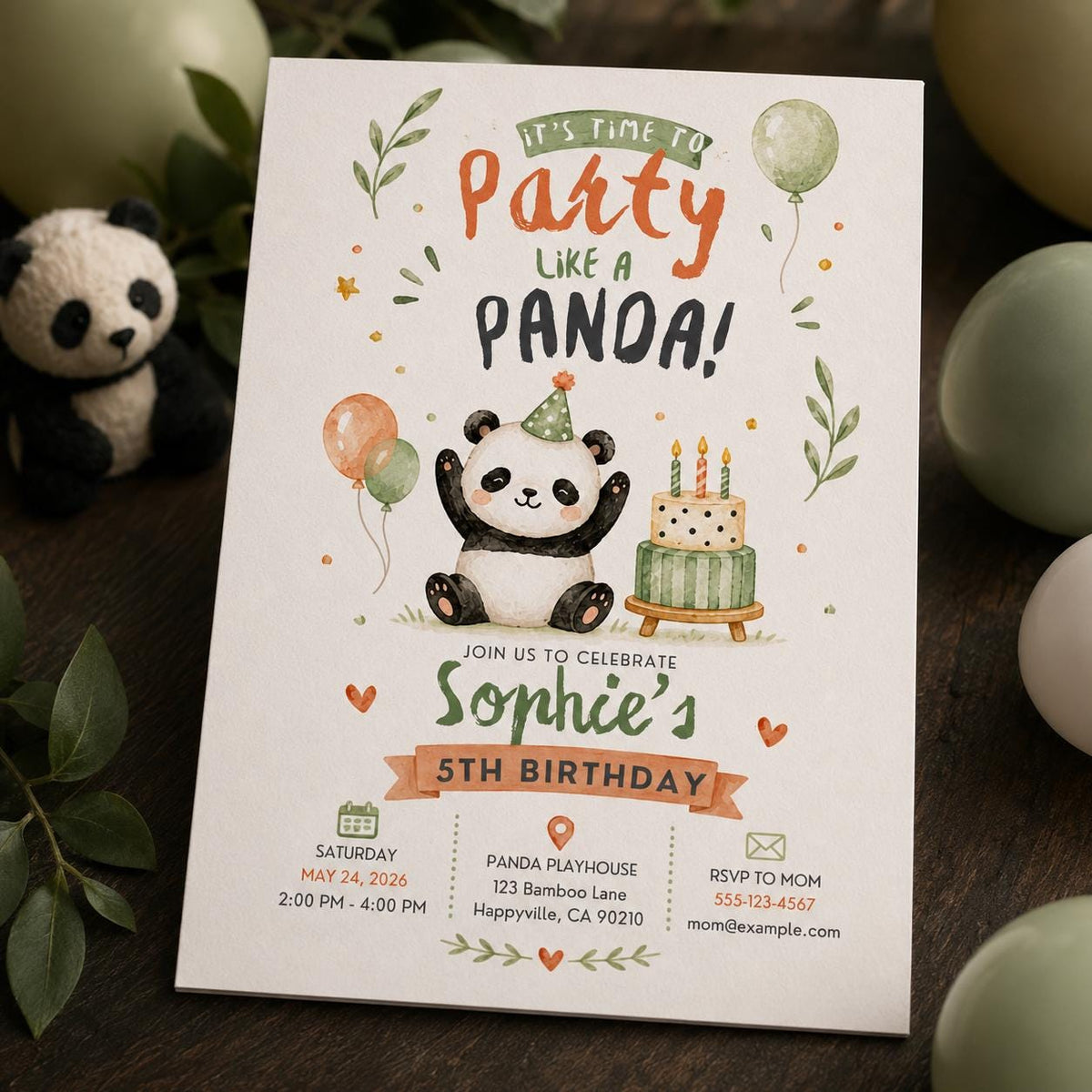 Watercolor Panda 5th Birthday Invitation — 5th birthday party stationery by VoltBy