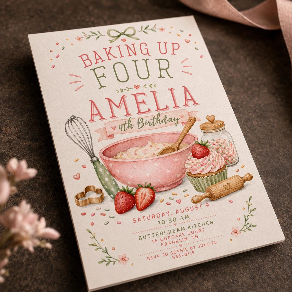 Watercolor Pastel Baking 4th Birthday Invitation — digital invitation, instant download