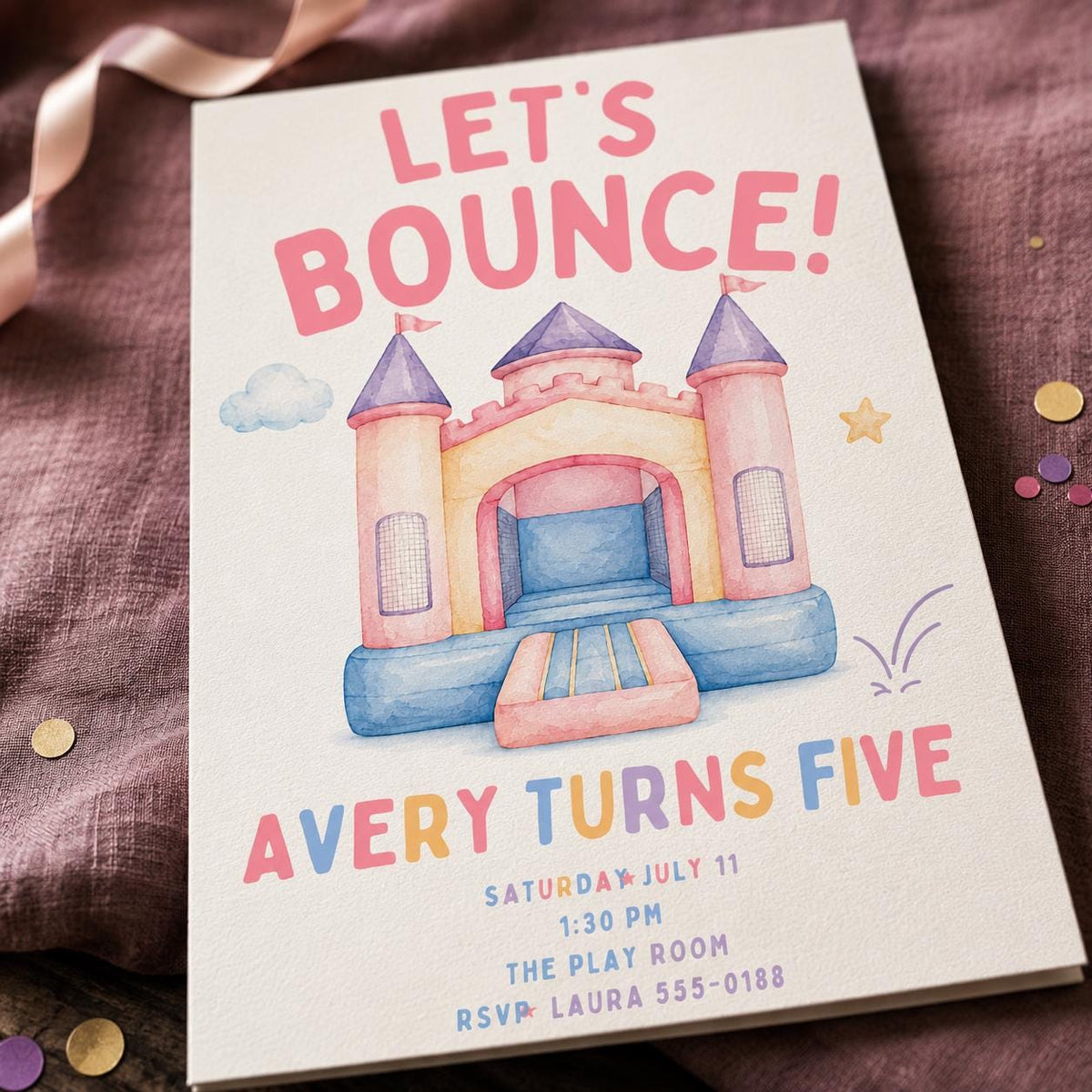 Watercolor Pastel Bounce House 5th Birthday Invitation for Girls — digital invitation, instant download