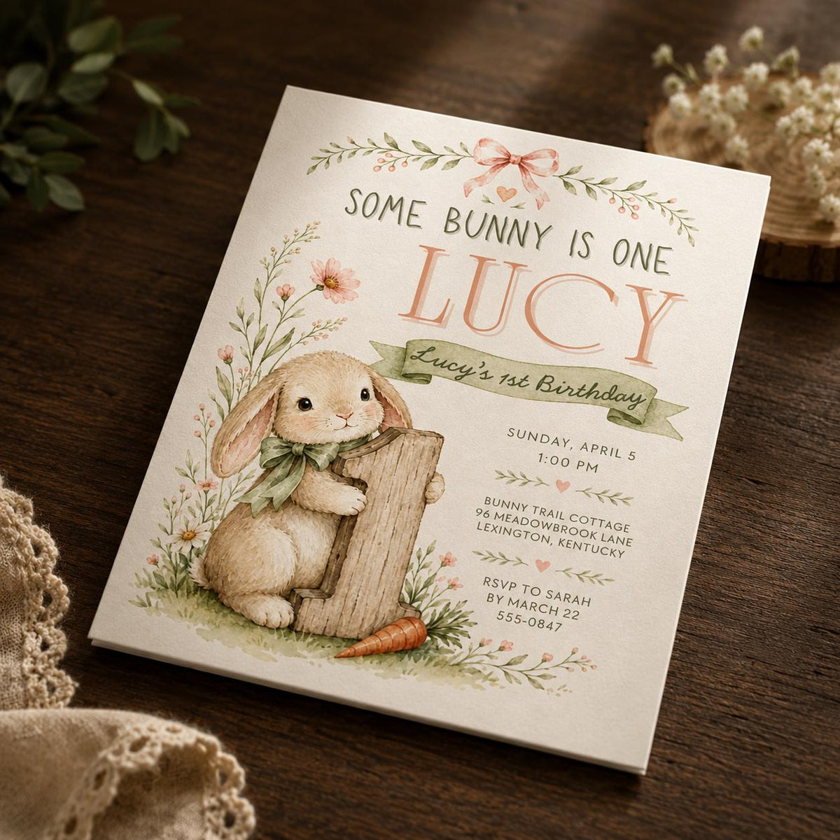 Watercolor Pastel Bunny First Birthday Invitation for Girls — digital invitation, instant download